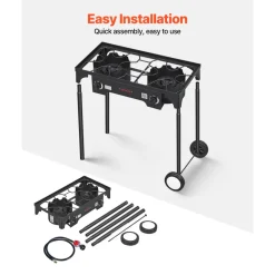 VEVOR 2 Burner Outdoor Propane Gas Stove, 150,000 BTU Propane LPG Gas Camping Stove, Heavy-duty Carbon Steel Outdoor Cooker, with 2 Wheels & 20 PSI Regulator & Hose, for BBQ Camp Home Patio Backyard