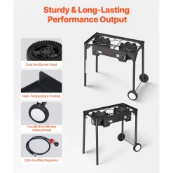 VEVOR 2 Burner Outdoor Propane Gas Stove, 150,000 BTU Propane LPG Gas Camping Stove, Heavy-duty Carbon Steel Outdoor Cooker, with 2 Wheels & 20 PSI Regulator & Hose, for BBQ Camp Home Patio Backyard
