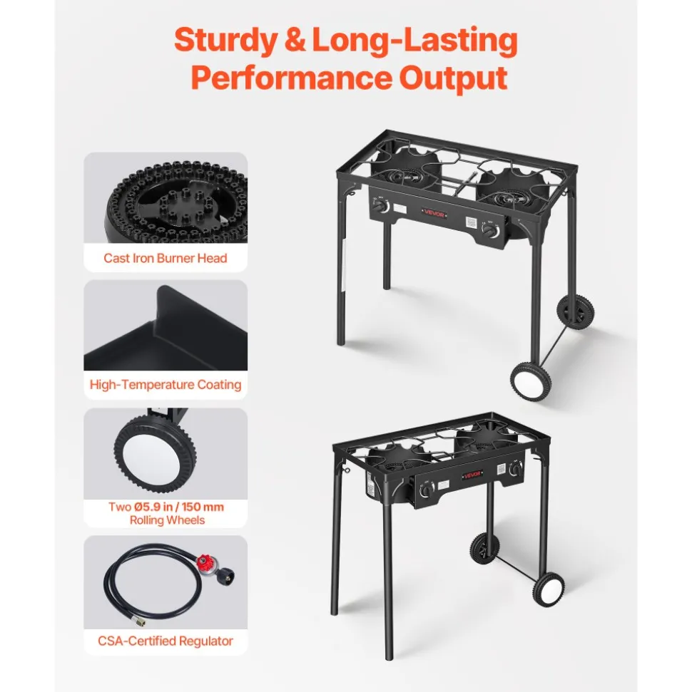 VEVOR 2 Burner Outdoor Propane Gas Stove, 150,000 BTU Propane LPG Gas Camping Stove, Heavy-duty Carbon Steel Outdoor Cooker, with 2 Wheels & 20 PSI Regulator & Hose, for BBQ Camp Home Patio Backyard