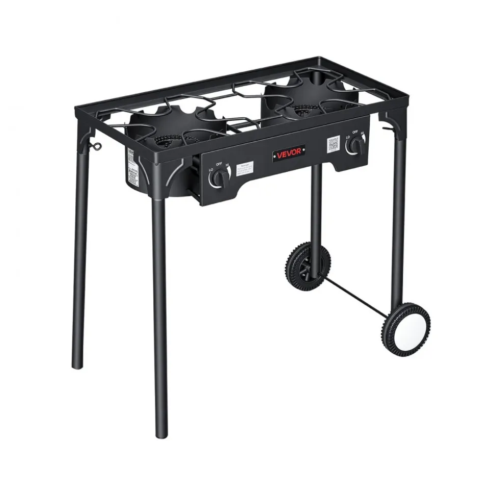 VEVOR 2 Burner Outdoor Propane Gas Stove, 150,000 BTU Propane LPG Gas Camping Stove, Heavy-duty Carbon Steel Outdoor Cooker, with 2 Wheels & 20 PSI Regulator & Hose, for BBQ Camp Home Patio Backyard