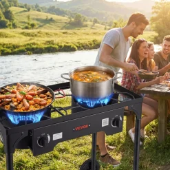 VEVOR 2 Burner Outdoor Propane Gas Stove, 150,000 BTU Propane LPG Gas Camping Stove, Heavy-duty Carbon Steel Outdoor Cooker, with 2 Wheels & 20 PSI Regulator & Hose, for BBQ Camp Home Patio Backyard