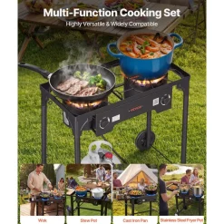 VEVOR 2 Burner Outdoor Propane Gas Stove, 150,000 BTU Propane LPG Gas Camping Stove, Heavy-duty Carbon Steel Outdoor Cooker, with 2 Wheels & 20 PSI Regulator & Hose, for BBQ Camp Home Patio Backyard