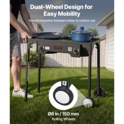 VEVOR 2 Burner Outdoor Propane Gas Stove, 150,000 BTU Propane LPG Gas Camping Stove, Heavy-duty Carbon Steel Outdoor Cooker, with 2 Wheels & 20 PSI Regulator & Hose, for BBQ Camp Home Patio Backyard