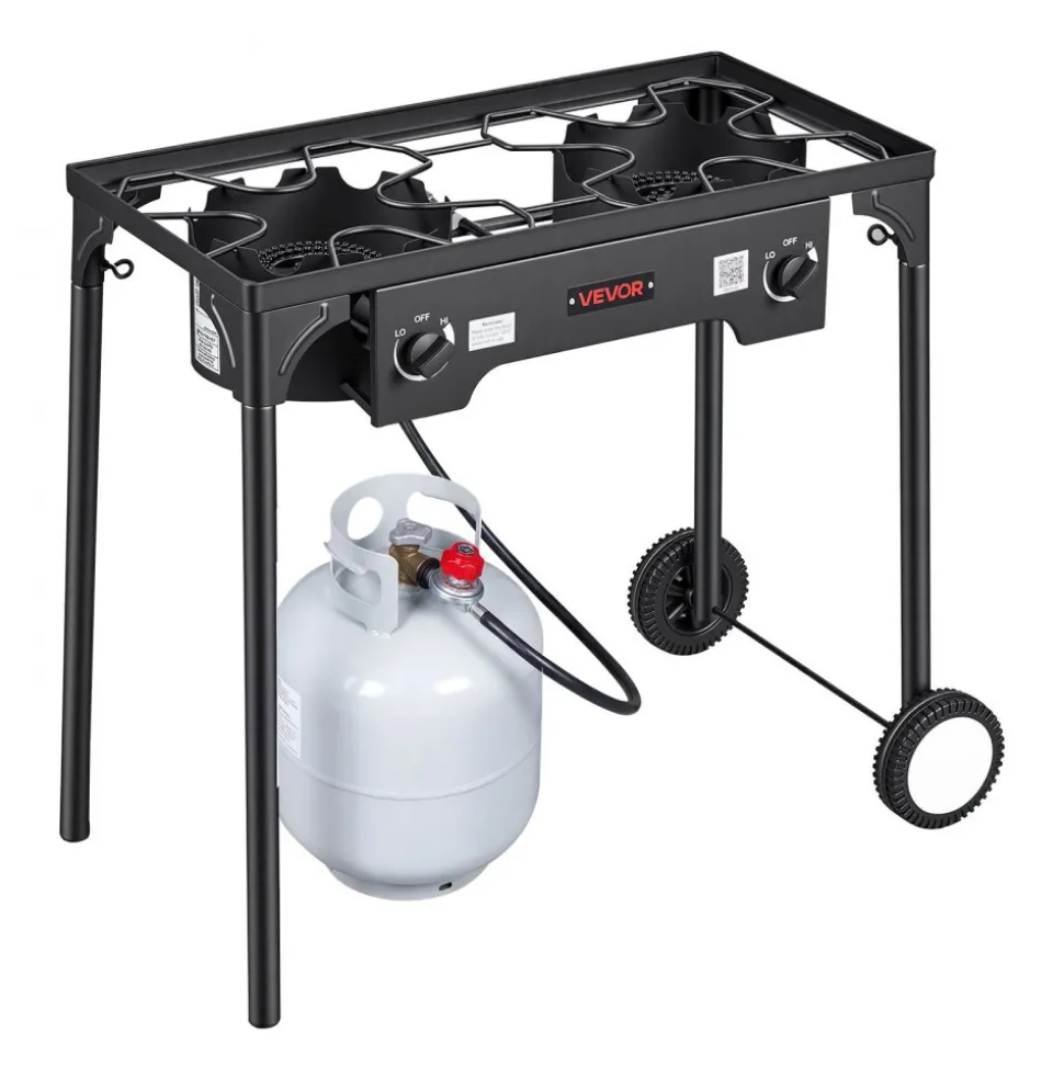 VEVOR 2 Burner Outdoor Propane Gas Stove, 150,000 BTU Propane LPG Gas Camping Stove, Heavy-duty Carbon Steel Outdoor Cooker, with 2 Wheels & 20 PSI Regulator & Hose, for BBQ Camp Home Patio Backyard