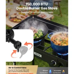 VEVOR 2 Burner Outdoor Propane Gas Stove, 150,000 BTU Propane LPG Gas Camping Stove, Heavy Duty Carbon Steel Outdoor Cooker, with Shield & Tall Stand & PSI Regulator, for BBQ Camp Home Patio Backyard