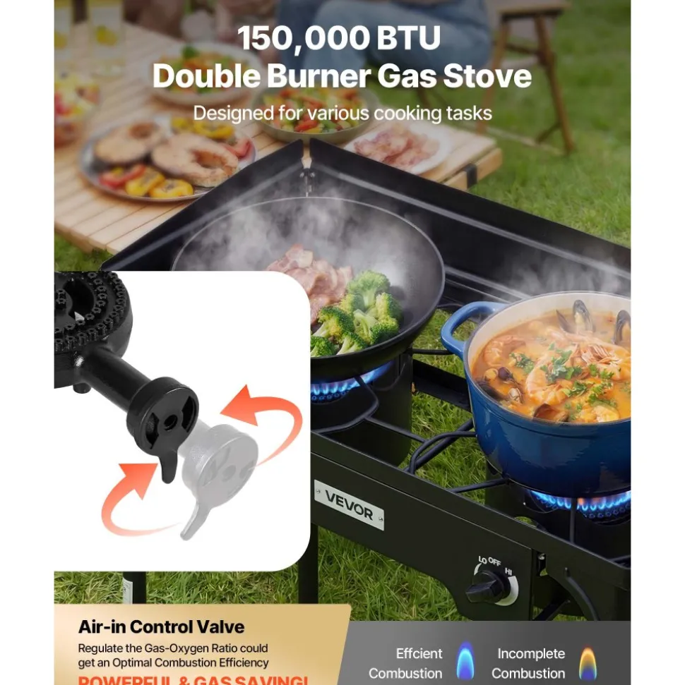 VEVOR 2 Burner Outdoor Propane Gas Stove, 150,000 BTU Propane LPG Gas Camping Stove, Heavy Duty Carbon Steel Outdoor Cooker, with Shield & Tall Stand & PSI Regulator, for BBQ Camp Home Patio Backyard