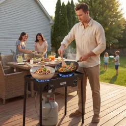 VEVOR 2 Burner Outdoor Propane Gas Stove, 150,000 BTU Propane LPG Gas Camping Stove, Heavy Duty Carbon Steel Outdoor Cooker, with Shield & Tall Stand & PSI Regulator, for BBQ Camp Home Patio Backyard