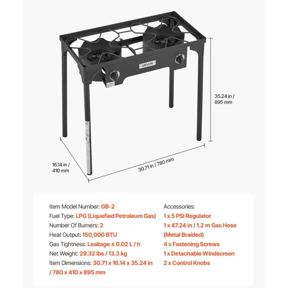 VEVOR 2 Burner Outdoor Propane Gas Stove, 150,000 BTU Propane LPG Gas Camping Stove, Heavy Duty Carbon Steel Outdoor Cooker, with Shield & Tall Stand & PSI Regulator, for BBQ Camp Home Patio Backyard