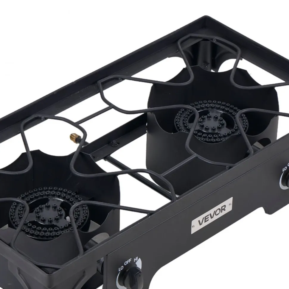 VEVOR 2 Burner Outdoor Propane Gas Stove, 150,000 BTU Propane LPG Gas Camping Stove, Heavy Duty Carbon Steel Outdoor Cooker, with Shield & Tall Stand & PSI Regulator, for BBQ Camp Home Patio Backyard