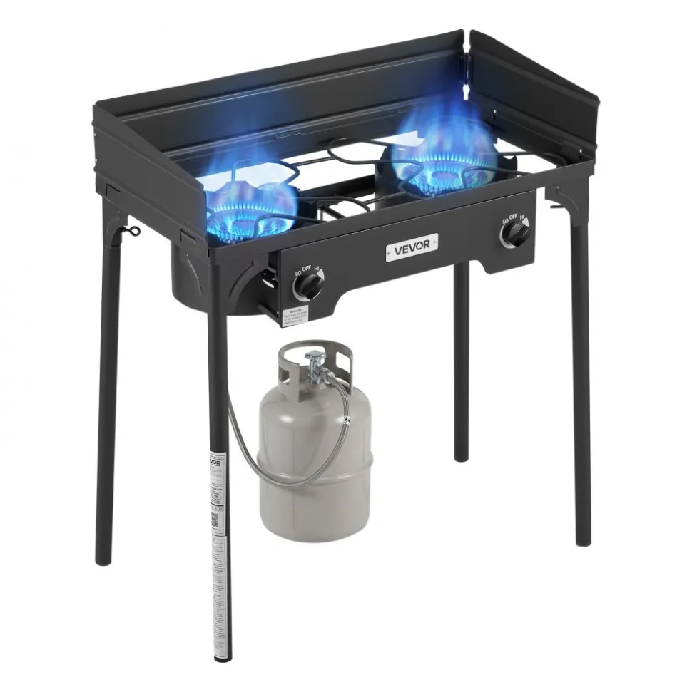 VEVOR 2 Burner Outdoor Propane Gas Stove, 150,000 BTU Propane LPG Gas Camping Stove, Heavy Duty Carbon Steel Outdoor Cooker, with Shield & Tall Stand & PSI Regulator, for BBQ Camp Home Patio Backyard