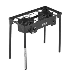 VEVOR 2 Burner Outdoor Propane Gas Stove, 150,000 BTU Propane LPG Gas Camping Stove, Heavy Duty Carbon Steel Outdoor Cooker, with Shield & Tall Stand & PSI Regulator, for BBQ Camp Home Patio Backyard