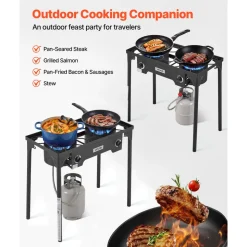 VEVOR 2 Burner Outdoor Propane Gas Stove, 150,000 BTU Propane LPG Gas Camping Stove, Heavy Duty Carbon Steel Outdoor Cooker, with Shield & Tall Stand & PSI Regulator, for BBQ Camp Home Patio Backyard
