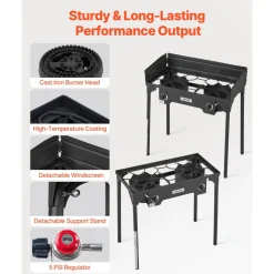 VEVOR 2 Burner Outdoor Propane Gas Stove, 150,000 BTU Propane LPG Gas Camping Stove, Heavy Duty Carbon Steel Outdoor Cooker, with Shield & Tall Stand & PSI Regulator, for BBQ Camp Home Patio Backyard