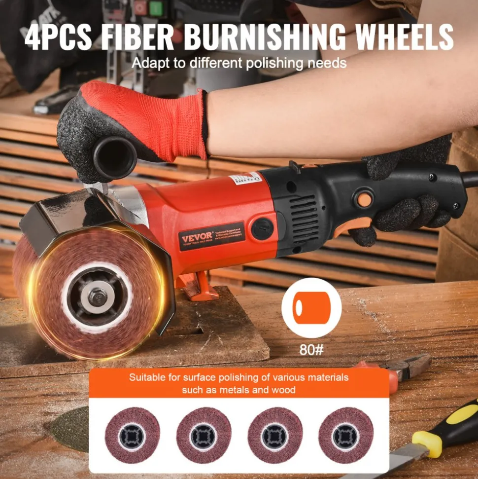 VEVOR Burnishing Polishing Machine, 1200W 6 Variable Speed Surface Conditioning Tool, Handheld Electric Metal Burnishing Machine with 4 Fiber Polishing Wheels for Stainless Steel, Non-Ferrous Metals