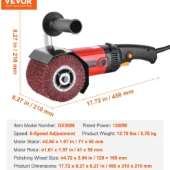 VEVOR Burnishing Polishing Machine, 1200W 6 Variable Speed Surface Conditioning Tool, Handheld Electric Metal Burnishing Machine with 4 Fiber Polishing Wheels for Stainless Steel, Non-Ferrous Metals