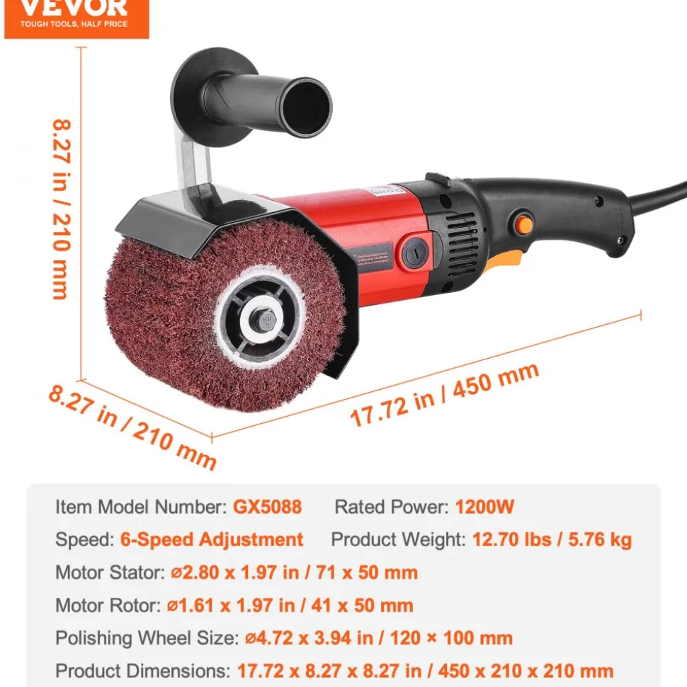 VEVOR Burnishing Polishing Machine, 1200W 6 Variable Speed Surface Conditioning Tool, Handheld Electric Metal Burnishing Machine with 4 Fiber Polishing Wheels for Stainless Steel, Non-Ferrous Metals