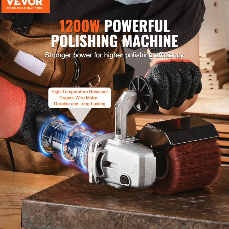 VEVOR Burnishing Polishing Machine, 1200W 6 Variable Speed Surface Conditioning Tool, Handheld Electric Metal Burnishing Machine with 4 Fiber Polishing Wheels for Stainless Steel, Non-Ferrous Metals