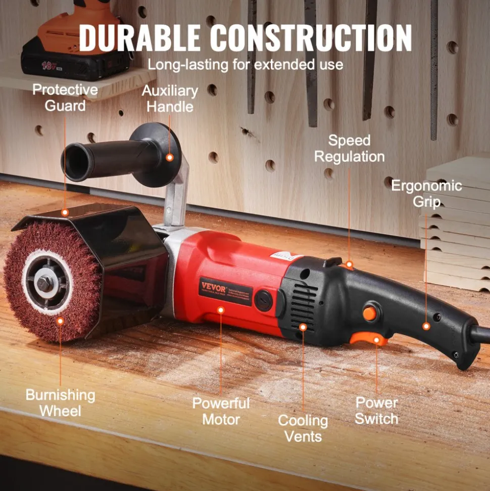 VEVOR Burnishing Polishing Machine, 1200W 6 Variable Speed Surface Conditioning Tool, Handheld Electric Metal Burnishing Machine with 4 Fiber Polishing Wheels for Stainless Steel, Non-Ferrous Metals