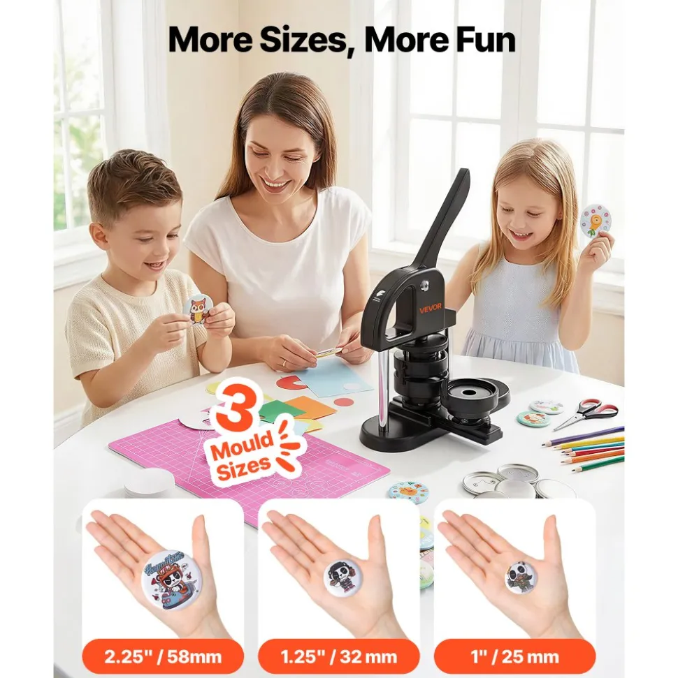 VEVOR Button Maker, 1/1.25/2.28 inch(25/32/58mm) 3-IN-1 Pin Maker, with 300pcs Button Parts, Button Maker Machine with Panda Magic Book, Ergonomic Arc Handle Punch Press Kit, For Children DIY Gifts