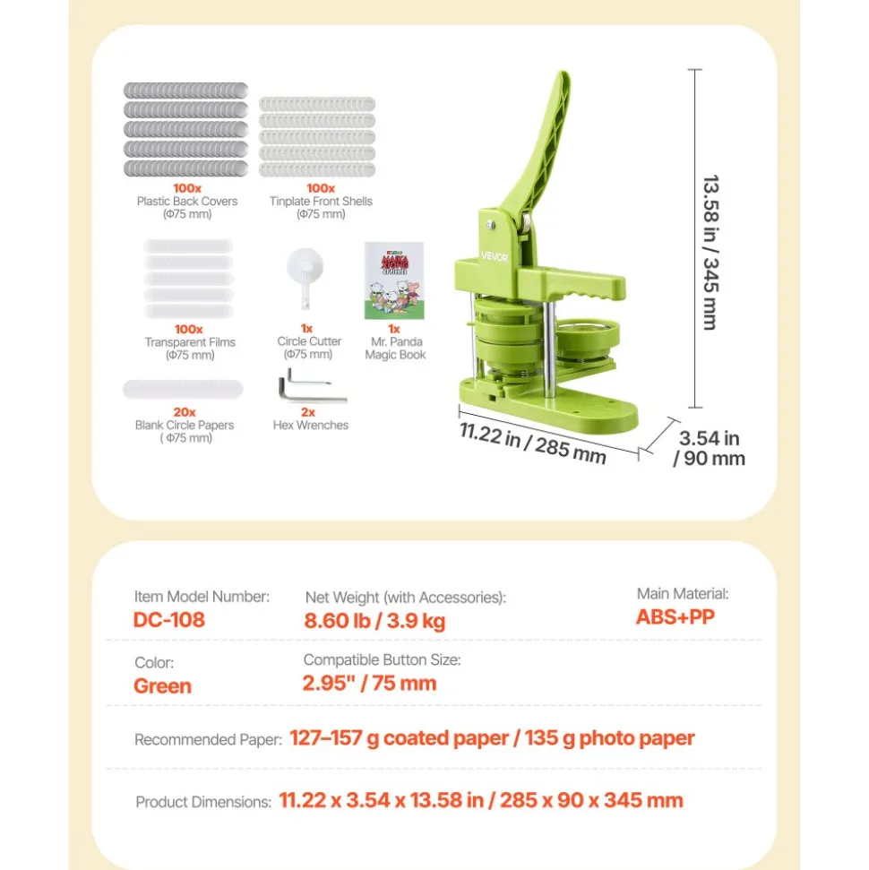 VEVOR Button Maker Machine, 2.95 in, Plastic Pin Maker with 100pcs Button Parts, Mr. Panda Magic Book, Circle Cutter and Hex Wrenches, Reinforced Ergonomic Handle, for DIY Badges, Personalized Pins