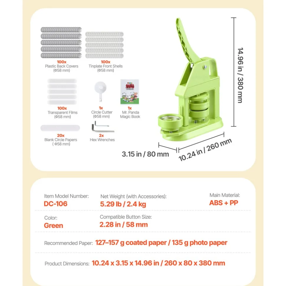 VEVOR Button Maker Machine, 2.28 in, Plastic Pin Maker with 100pcs Button Parts, Mr. Panda Magic Book, Circle Cutter and Hex Wrenches, Reinforced Ergonomic Handle, for DIY Badges, Personalized Pins