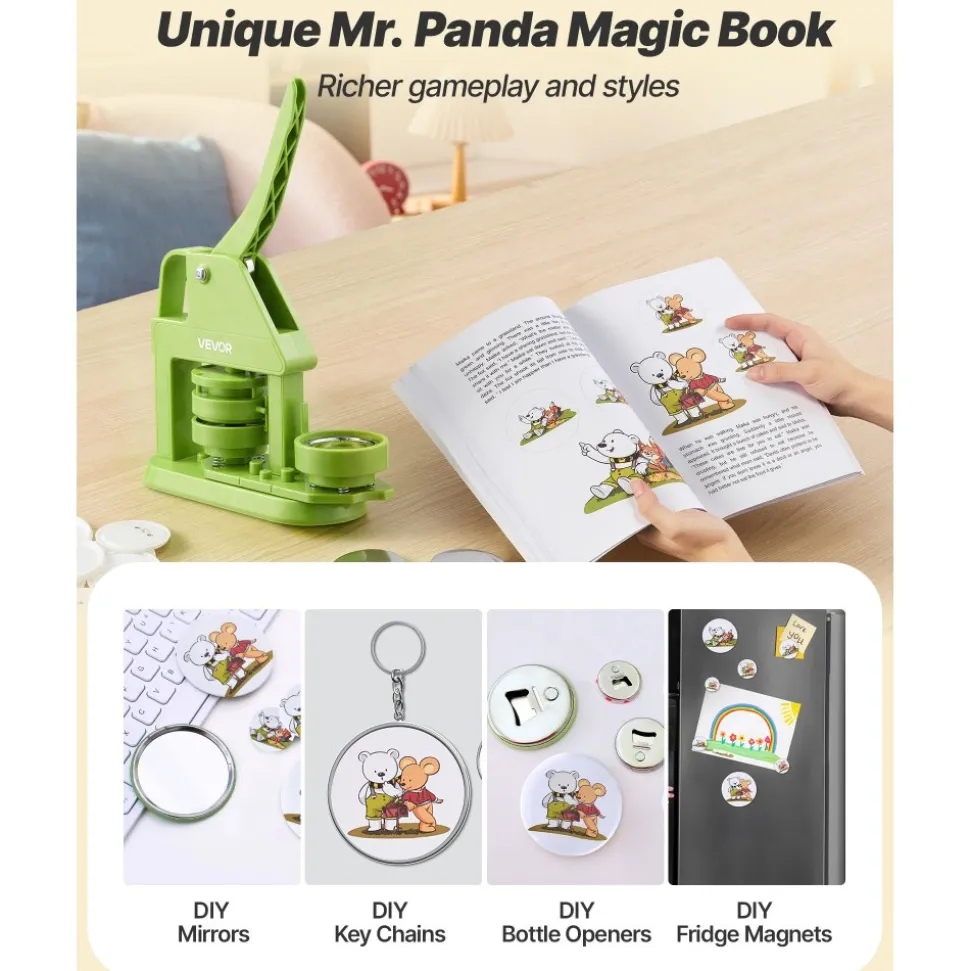 VEVOR Button Maker Machine, 2.28 in, Plastic Pin Maker with 100pcs Button Parts, Mr. Panda Magic Book, Circle Cutter and Hex Wrenches, Reinforced Ergonomic Handle, for DIY Badges, Personalized Pins