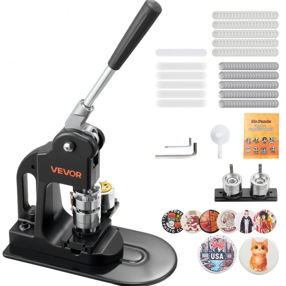 VEVOR Button Maker Machine, 1 in, Pin Maker Machine with 500pcs Button Parts, Circle Cutter, Hex Wrenches and Magic Book, Ergonomic Handle, for DIY Badges, Personalized Pins and Key Chains, Black