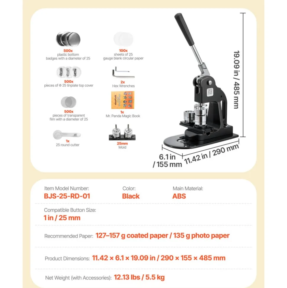 VEVOR Button Maker Machine, 1 in, Pin Maker Machine with 500pcs Button Parts, Circle Cutter, Hex Wrenches and Magic Book, Ergonomic Handle, for DIY Badges, Personalized Pins and Key Chains, Black