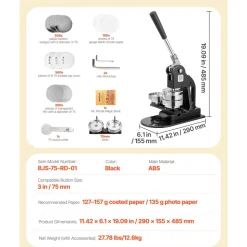 VEVOR Button Maker Machine, 3 in, Pin Maker Machine with 500pcs Button Parts, Circle Cutter, Hex Wrenches and Magic Book, Ergonomic Handle, for DIY Badges, Personalized Pins and Key Chains, Black