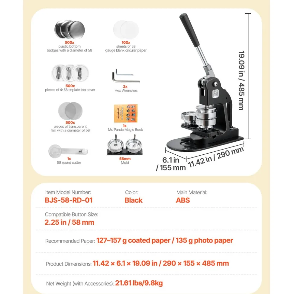 VEVOR Button Maker Machine, 2.25 in, Pin Maker Machine with 500pcs Button Parts, Circle Cutter, Hex Wrenches and Magic Book, Ergonomic Handle, for DIY Badges, Personalized Pins and Key Chains, Black