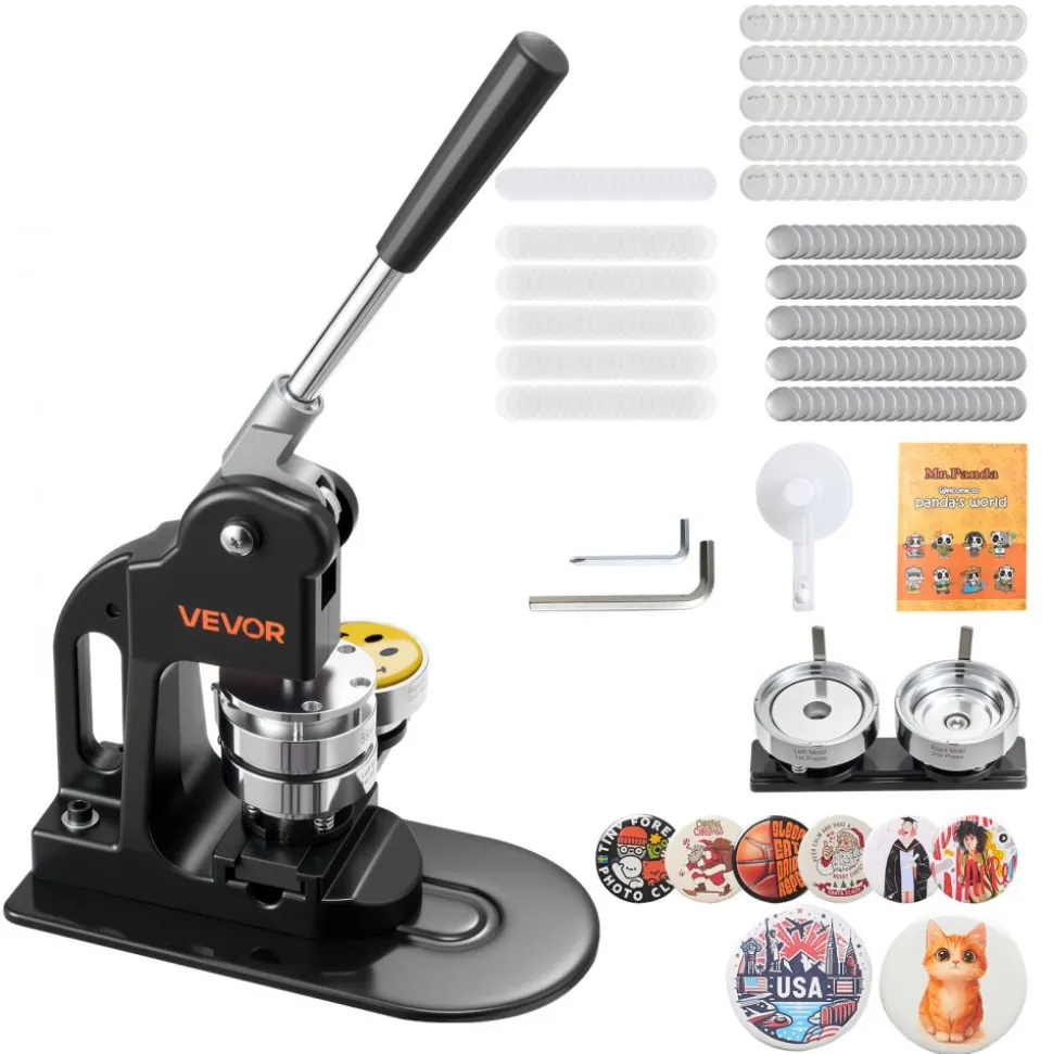 VEVOR Button Maker Machine, 2.25 in, Pin Maker Machine with 500pcs Button Parts, Circle Cutter, Hex Wrenches and Magic Book, Ergonomic Handle, for DIY Badges, Personalized Pins and Key Chains, Black