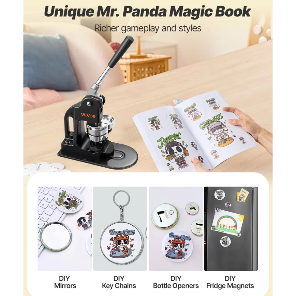 VEVOR Button Maker Machine, 2.25 in, Pin Maker Machine with 500pcs Button Parts, Circle Cutter, Hex Wrenches and Magic Book, Ergonomic Handle, for DIY Badges, Personalized Pins and Key Chains, Black