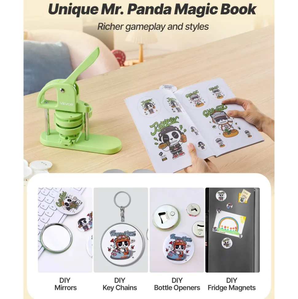 VEVOR Button Maker Machine, 2.28/2.95 inch 2-in-1, Plastic Pin Maker with 200 pcs Button Parts, Circle Cutter and Magic Book, Reinforced Ergonomic Handle, for DIY Badges, Personalized Pins, Green