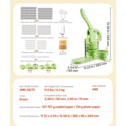 VEVOR Button Maker Machine, 2.28/2.95 inch 2-in-1, Plastic Pin Maker with 200 pcs Button Parts, Circle Cutter and Magic Book, Reinforced Ergonomic Handle, for DIY Badges, Personalized Pins, Green