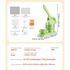 VEVOR Button Maker Machine, 2.95 in, Plastic Pin Maker with 100pcs Button Parts, Circle Cutter and Magic Book, Reinforced Ergonomic Handle, for DIY Badges, Personalized Pins and Key Chains, Green