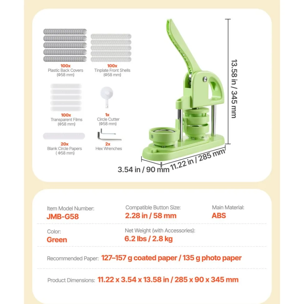 VEVOR Button Maker Machine, 2.28 in, Plastic Pin Maker with 100pcs Button Parts, Circle Cutter and Hex Wrenches, Reinforced Ergonomic Handle, for DIY Badges, Personalized Pins and Key Chains, Green