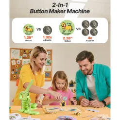 VEVOR Button Maker Machine, 1.26/2.28 inch 2-in-1, Plastic Pin Maker with 200 pcs Button Parts, Circle Cutter and Magic Book, Reinforced Ergonomic Handle, for DIY Badges, Personalized Pins, Green