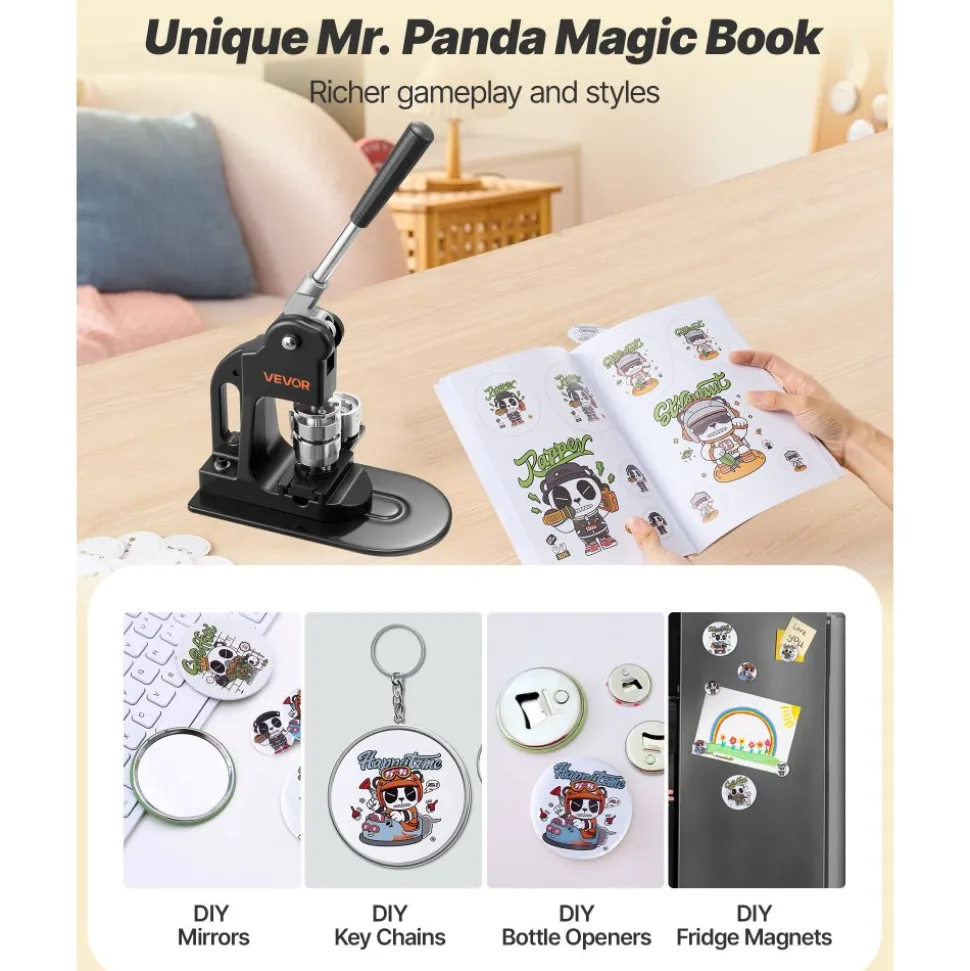 VEVOR Button Maker Machine, 1.25 in, Pin Maker Machine with 500pcs Button Parts, Circle Cutter, Hex Wrenches and Magic Book, Ergonomic Handle, for DIY Badges, Personalized Pins and Key Chains, Black