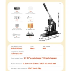 VEVOR Button Maker Machine, 1.25 in, Pin Maker Machine with 500pcs Button Parts, Circle Cutter, Hex Wrenches and Magic Book, Ergonomic Handle, for DIY Badges, Personalized Pins and Key Chains, Black