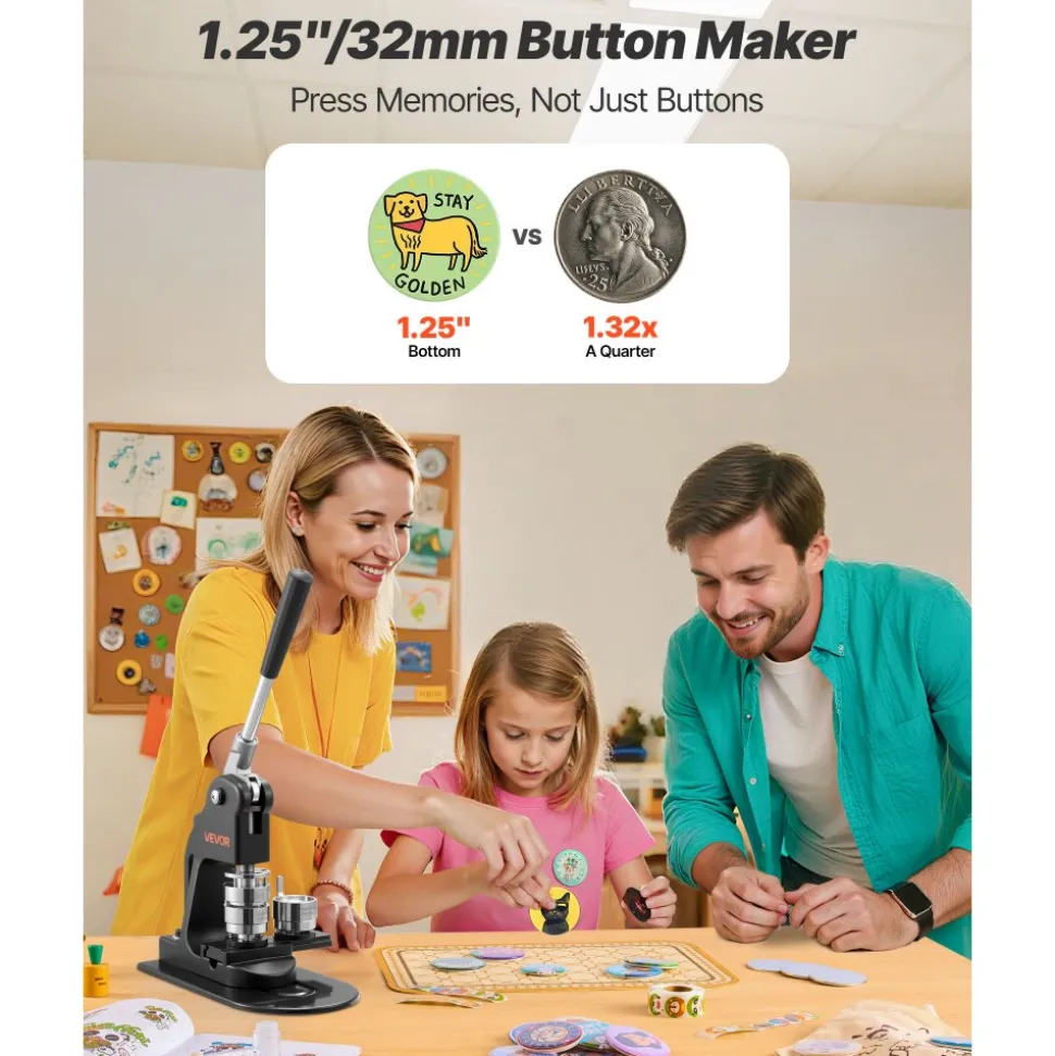 VEVOR Button Maker Machine, 1.25 in, Pin Maker Machine with 500pcs Button Parts, Circle Cutter, Hex Wrenches and Magic Book, Ergonomic Handle, for DIY Badges, Personalized Pins and Key Chains, Black