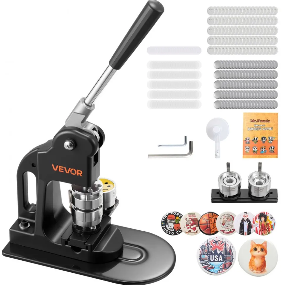 VEVOR Button Maker Machine, 1.25 in, Pin Maker Machine with 500pcs Button Parts, Circle Cutter, Hex Wrenches and Magic Book, Ergonomic Handle, for DIY Badges, Personalized Pins and Key Chains, Black