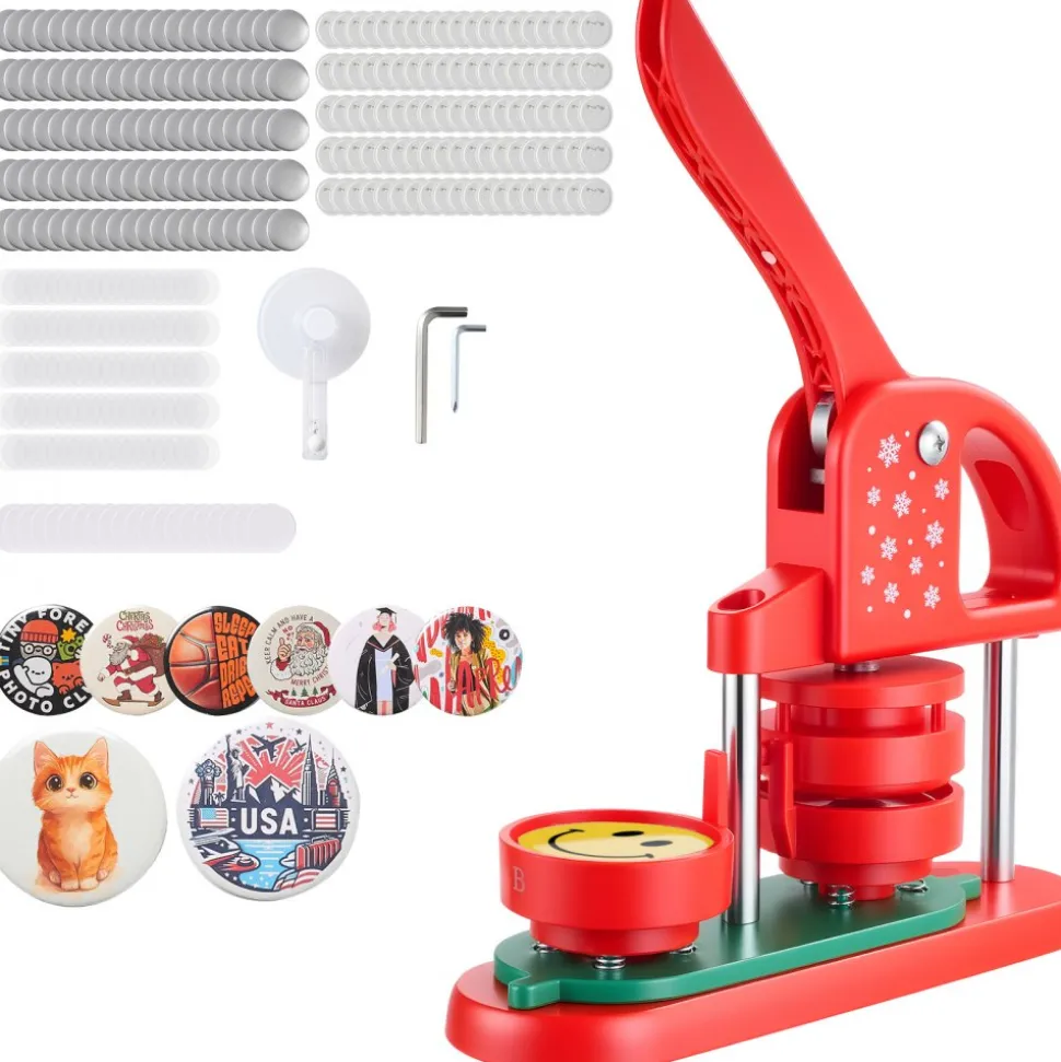 VEVOR Button Maker Machine, 2.28 in, Plastic Pin Maker with 100pcs Button Parts, Circle Cutter and Hex Wrenches, Reinforced Ergonomic Handle, for DIY Badges, Personalized Pins and Key Chains, Red