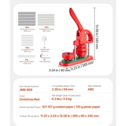 VEVOR Button Maker Machine, 2.28 in, Plastic Pin Maker with 100pcs Button Parts, Circle Cutter and Hex Wrenches, Reinforced Ergonomic Handle, for DIY Badges, Personalized Pins and Key Chains, Red