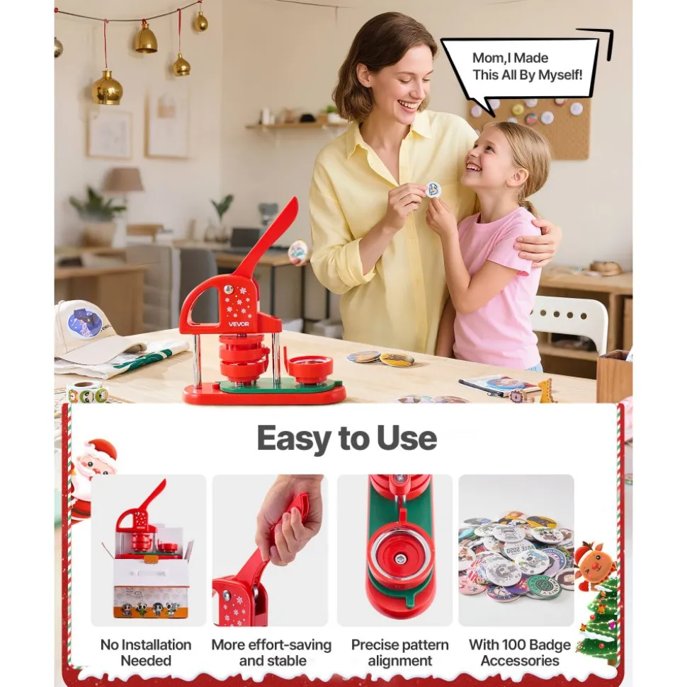 VEVOR Button Maker Machine, 2.28 in, Plastic Pin Maker with 100pcs Button Parts, Circle Cutter and Hex Wrenches, Reinforced Ergonomic Handle, for DIY Badges, Personalized Pins and Key Chains, Red