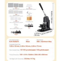 VEVOR Button Maker Machine, 1.26/2.28/2.95 inch 3-in-1, Plastic Pin Maker with 300pcs Button Parts, Circle Cutter and Magic Book, Reinforced Ergonomic Handle, for DIY Badges, Personalized Pins, Black