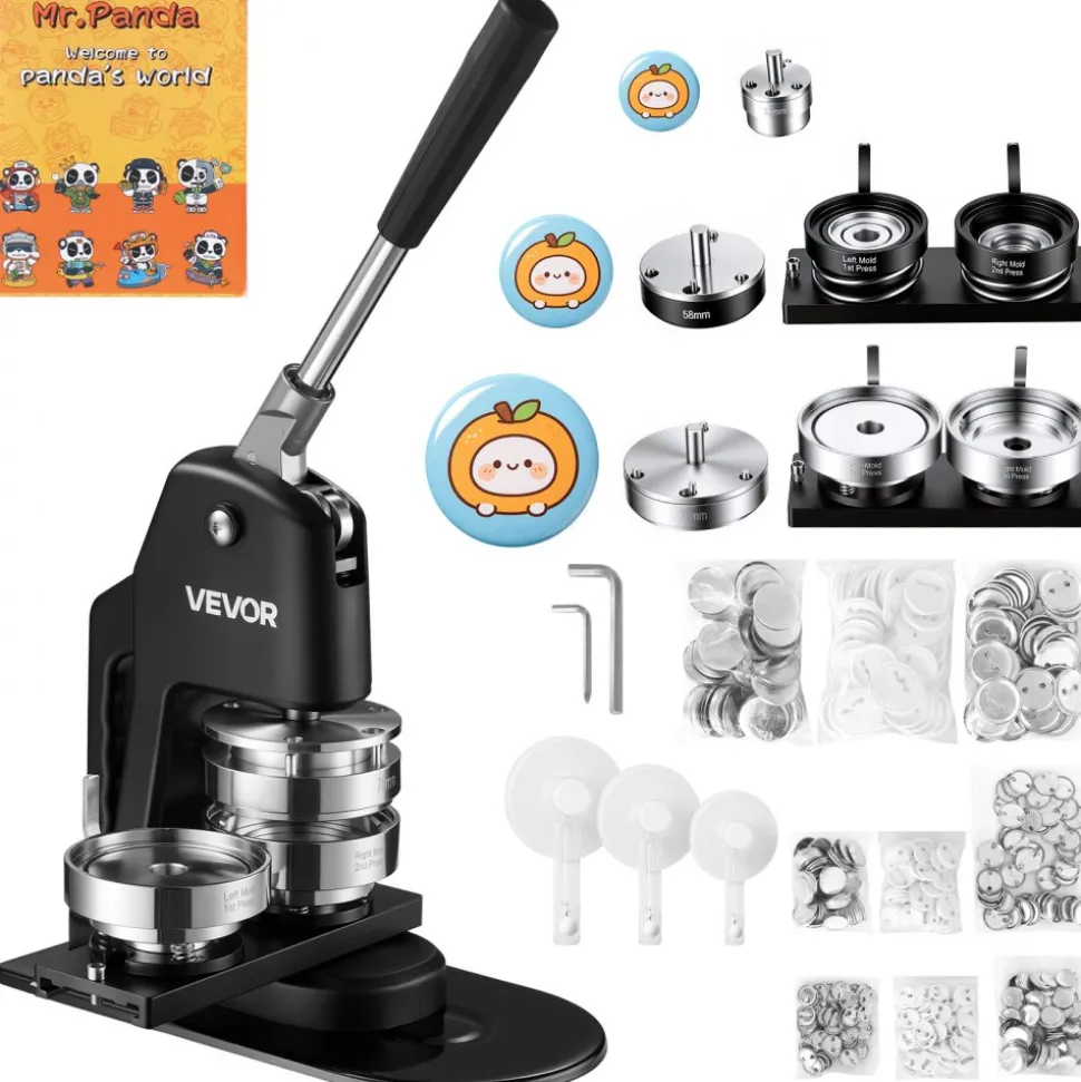 VEVOR Button Maker Machine 1.25"/2.25"/3"(32/58/75 mm) 3-in-1 Pin Maker, with 300pcs Button Parts, Circle Cutter, Magic Book, Ergonomic Handle, for DIY Badges, Pins, Fridge Magnets and Key Chains