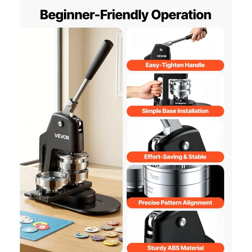 VEVOR Button Maker Machine 1.25"/2.25"/3"(32/58/75 mm) 3-in-1 Pin Maker, with 300pcs Button Parts, Circle Cutter, Magic Book, Ergonomic Handle, for DIY Badges, Pins, Fridge Magnets and Key Chains