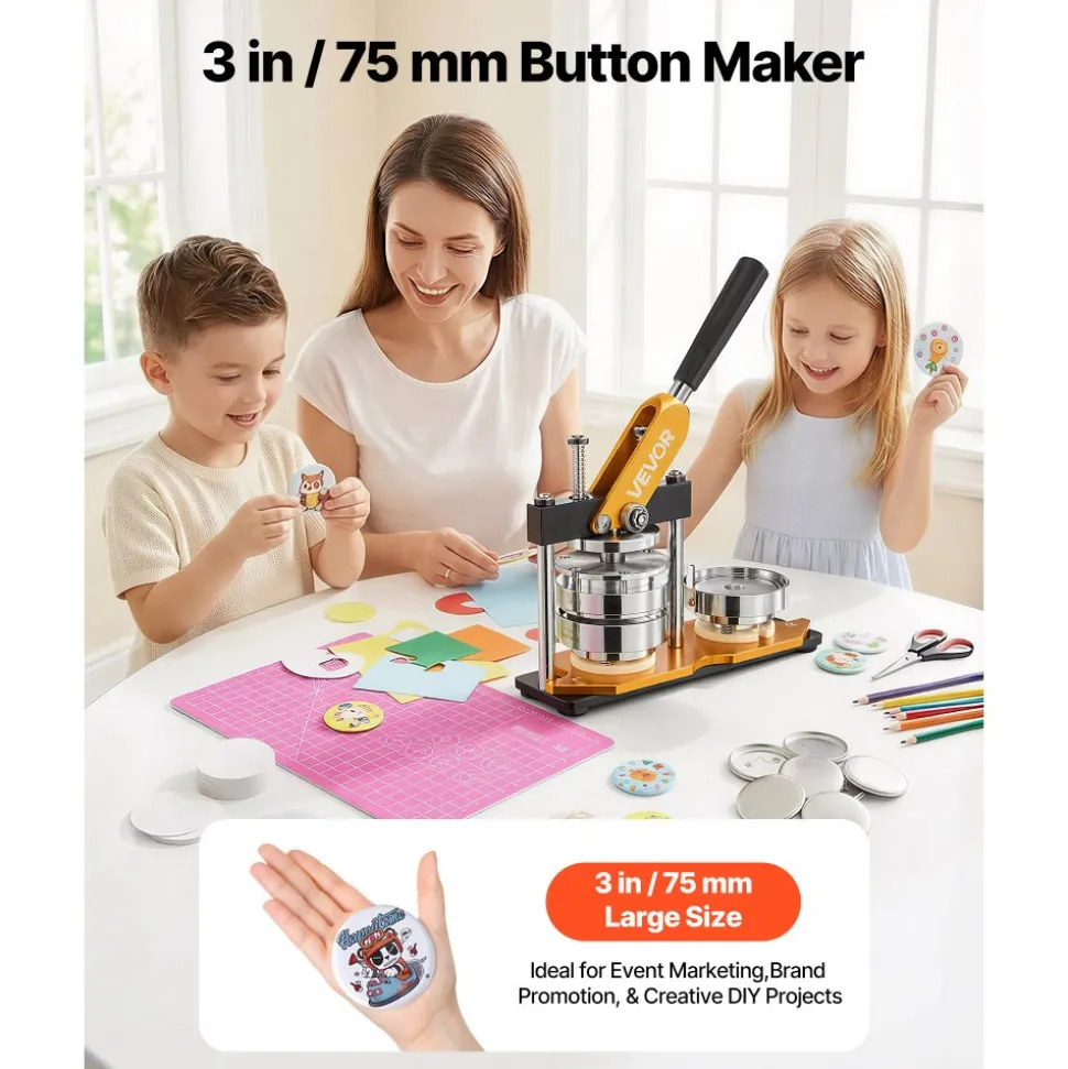 VEVOR Button Maker Machine, 75 mm (3 inch) Badge Punch Press Kit, Children DIY Gifts Pin Maker, Button Making Supplies with 500pcs Button Parts & Circle Cutter & Magic Book