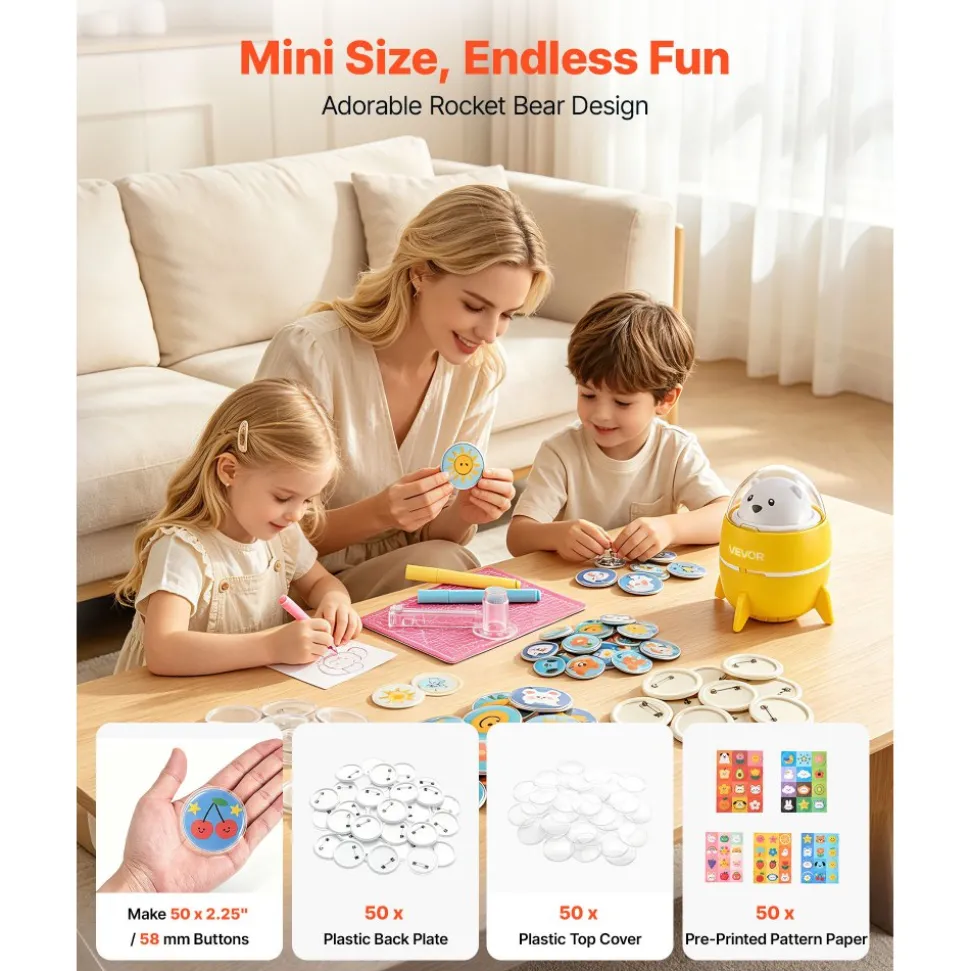 VEVOR Button Maker Machine, 2.25" / 58 mm, Plastic Pin Badge Maker with 50pcs Button Parts and Pre-Printed Pattern Paper, Circle Cutter, Compact Body, for Home DIY, School Events, Birthday Present
