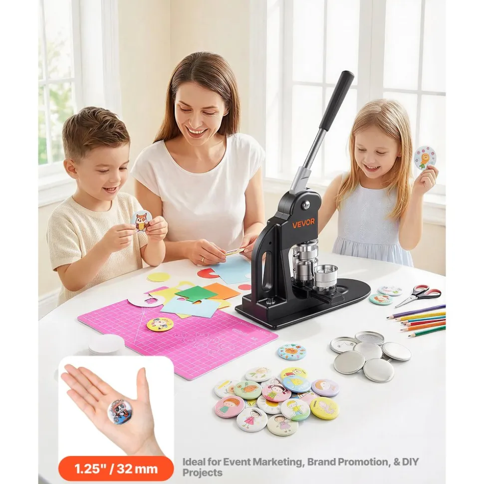 VEVOR Button Maker Machine 1.25"/32 mm Pin Maker 500pcs Button Parts Black, with Circle Cutter, Magic Book, and Hex Wrenches, Ergonomic Handle, for DIY Badges, Pins, Fridge Magnets and Key Chains